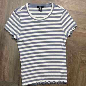 PAIGE Senne Tee Womens Medium Blue Ivory‎ Striped Ribbed Lettuce Hem Top Preppy